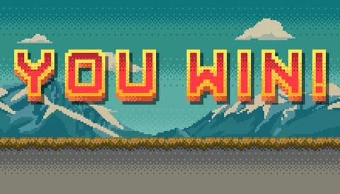 You Win Pixel art design with mountain landscape background. Colorful arcade Illustrazione stock