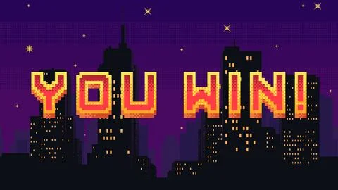 You Win screen - pixel art with night city landscape background. Night city.. Stock Illustration