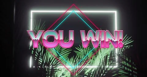 You win text image over neon geometric shapes and tropical palm leaves Stock Illustration