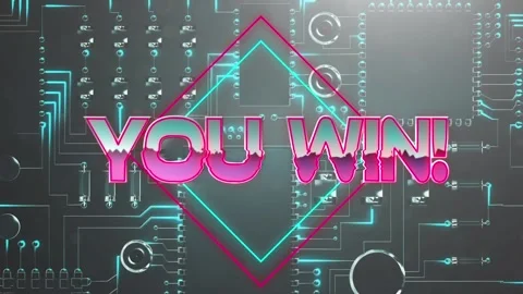 You win text on neon squares over close up of microprocessor connections on Vídeo Stock 158414398