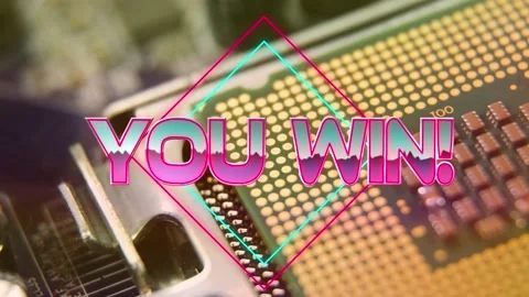 You win text on neon squares against close up of microprocessor connections on Stockbeeldmateriaal 158414440