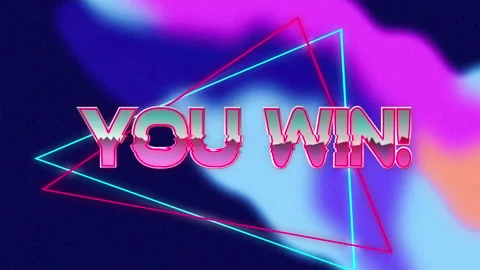 You win text over neon triangle shapes against liquid texture colorful Video stock 152471985