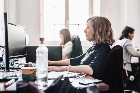 Yound devoted female software developers team working on desktop computer in IT Stock Photos