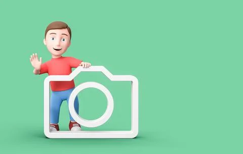 Young 3D Cartoon Character with Camera Symbol on Blue Background with Copy Space Stock Illustration