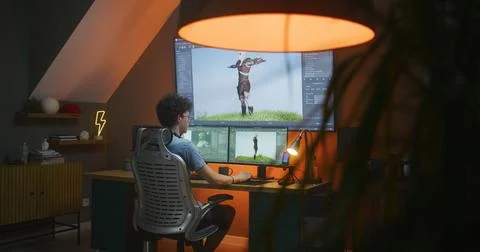 Young 3D designer creates animation for video game character Foto stock