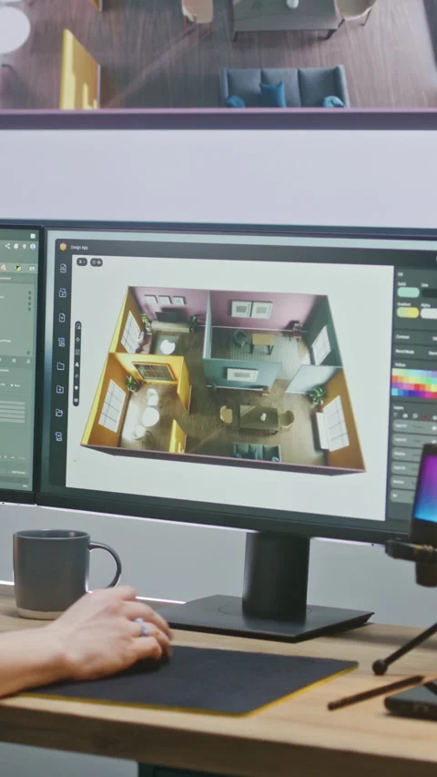 Young 3D designer creates modern house interior design on PC Stock Footage 276094791