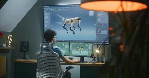 Young 3D designer creates robot 3D visualization on PC Foto stock