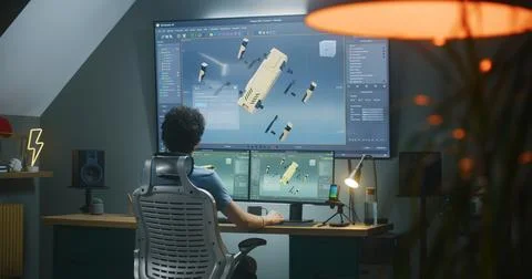 Young 3D designer creates robot 3D visualization on PC 写真素材