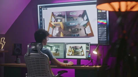 Young 3D designer works on interior design project on PC Stock Footage 244457733