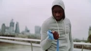 Young Active Black Sportsman Exercising With Elastic Rubber Bands In London. Stock Footage