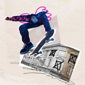 Young active boy, skateboarder training, doing stunts over historic building and Ilustração Stock