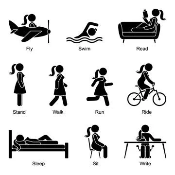 Young active cut out stick figure woman flying, swimming, reading, standing Illustrazione stock