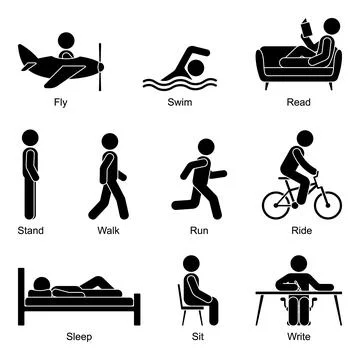 Young active cut out stick figure man flying, swimming, reading, standing Stock Illustration