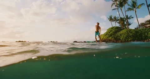 Young active man stand up paddling at sunset Stock Footage 106092004