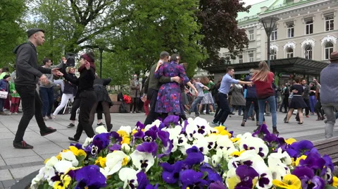 Young active people in pairs dance lindy hop in city square. 4K Stock Footage 56452887