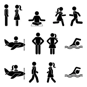 Young active stick figure man and woman couple flying, swimming, standing Stock Illustration