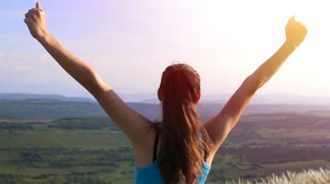 Young Active Successful Woman Raising Hands Nature Success Stock Footage