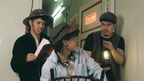 Young Actors Rehearsing Script With Steampunk Props Video stock 321679872