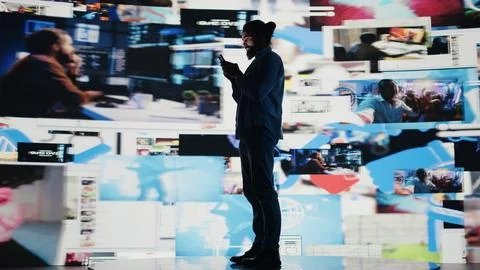 Young addicted guy obsessing over social media presence at all times Foto stock