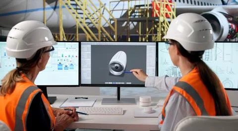 Young Aerospace Engineer Examines 3D Jet Engine Model On Computer Screen. Stock Photos