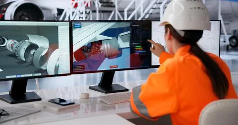 Young Aerospace Engineer Studies Airplane Design On Computer Screen Closely. Stock Photos