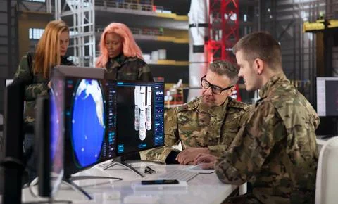 Young Aerospace Engineer Studies Rocket Designs On Desktop Computer. Stock-Fotos