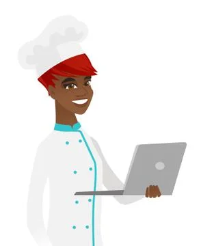 Young african-american chef using a laptop. Stock Illustration