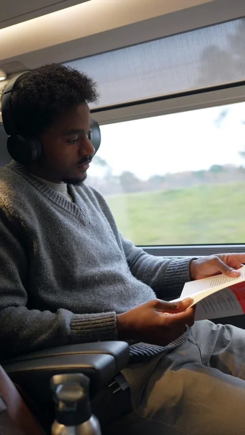 Young african american man reading a book on a train Stock Footage 323069923