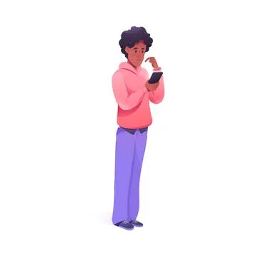 Young African American Man Using Smartphone as Mobile Device Vector Illustration Illustrazione stock