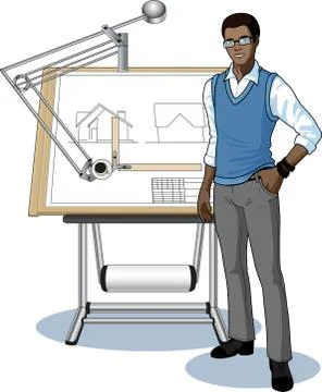 Young African architect student presenting his blueprint Stock Illustration
