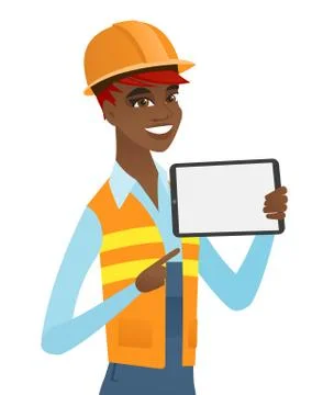 Young african builder holding tablet computer. Ilustración de archivo