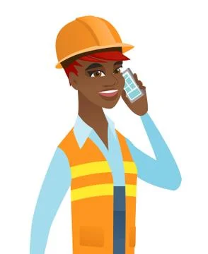 Young african builder talking on a mobile phone. Ilustración de archivo