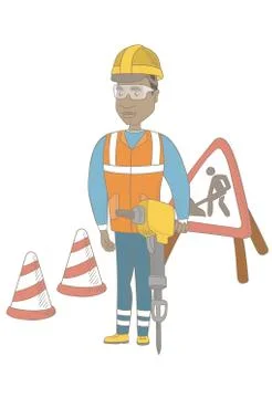 Young african builder using pneumatic hammer. Stock Illustration