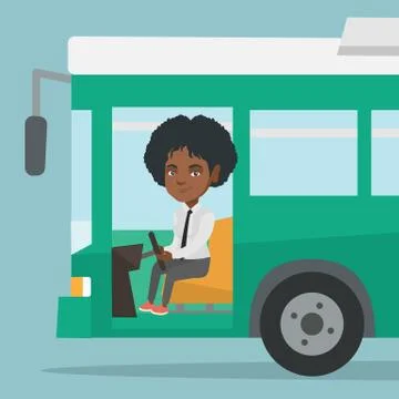 Young african bus driver sitting at steering wheel Ilustración de archivo