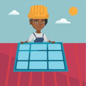 Young african constructor installing solar panel. Stock Illustration