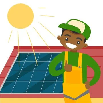 Young african constructor installing solar panel Stock Illustration