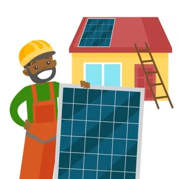 Young african constructor installing solar panel. Stock Illustration