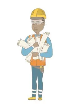 Young african engineer holding twisted blueprints. Stock Illustration