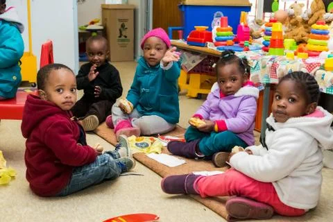 Young African kids at Small Creche Daycare Preschool Stock Photos