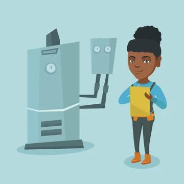 Young african plumber taking notes in clipboard. イラスト素材