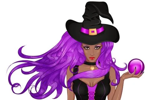 Young african witch in hat with magic ball in hand Stock Illustration