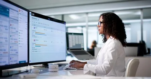 Young African Woman Using Computer To Review Patient Medical Records Carefull Stock Photos