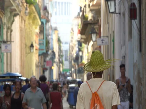 Young Afro-American man in straw hat, white t-shirt and bright backpack goes Stock Footage 69784532