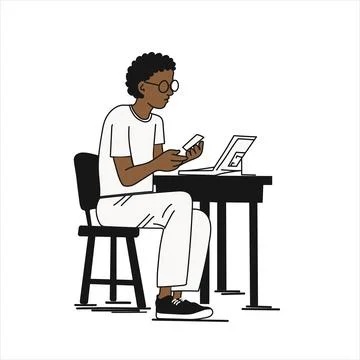 Young afro boy working on his laptop. Stock Illustration