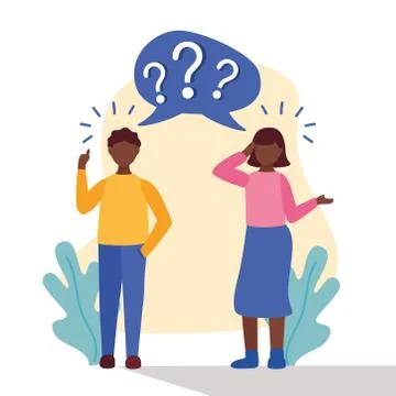 Young afro couple doubting with question marks in speech bubble Stock Illustration
