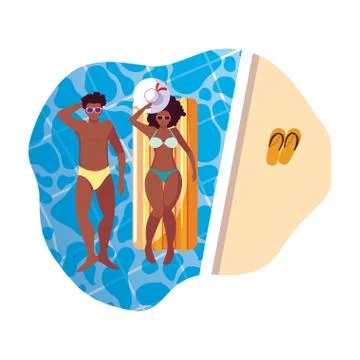 Young afro couple with float mattress in water Stock Illustration