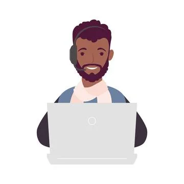 Young afro man using laptop and headset online learning Illustrazione stock