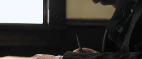 Young Albert Einstein writing with a fountain pen at his desk - Reenactment Stockbeeldmateriaal 202905516