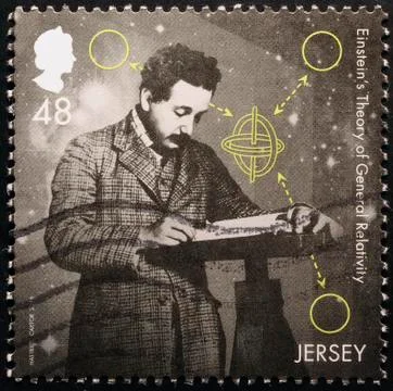 Young Albert Einsten thinking on stamp of Jersey Stock Photos