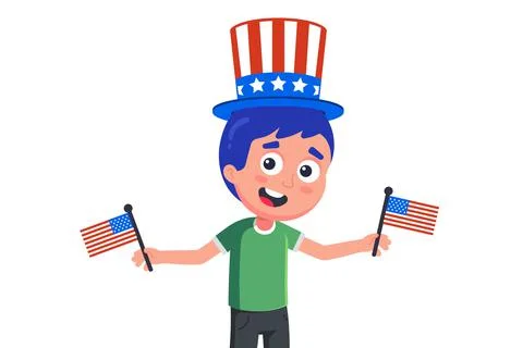 Young American in hat and with flags celebrating independence day. Stock Illustration